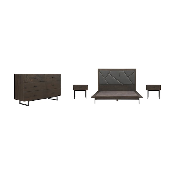 Armen Living Marquis 4 Piece Queen Size Platform Bed Frame Bedroom Set in Oak Wood with Faux Leather Headboard SETMUBDGRQN4A - main